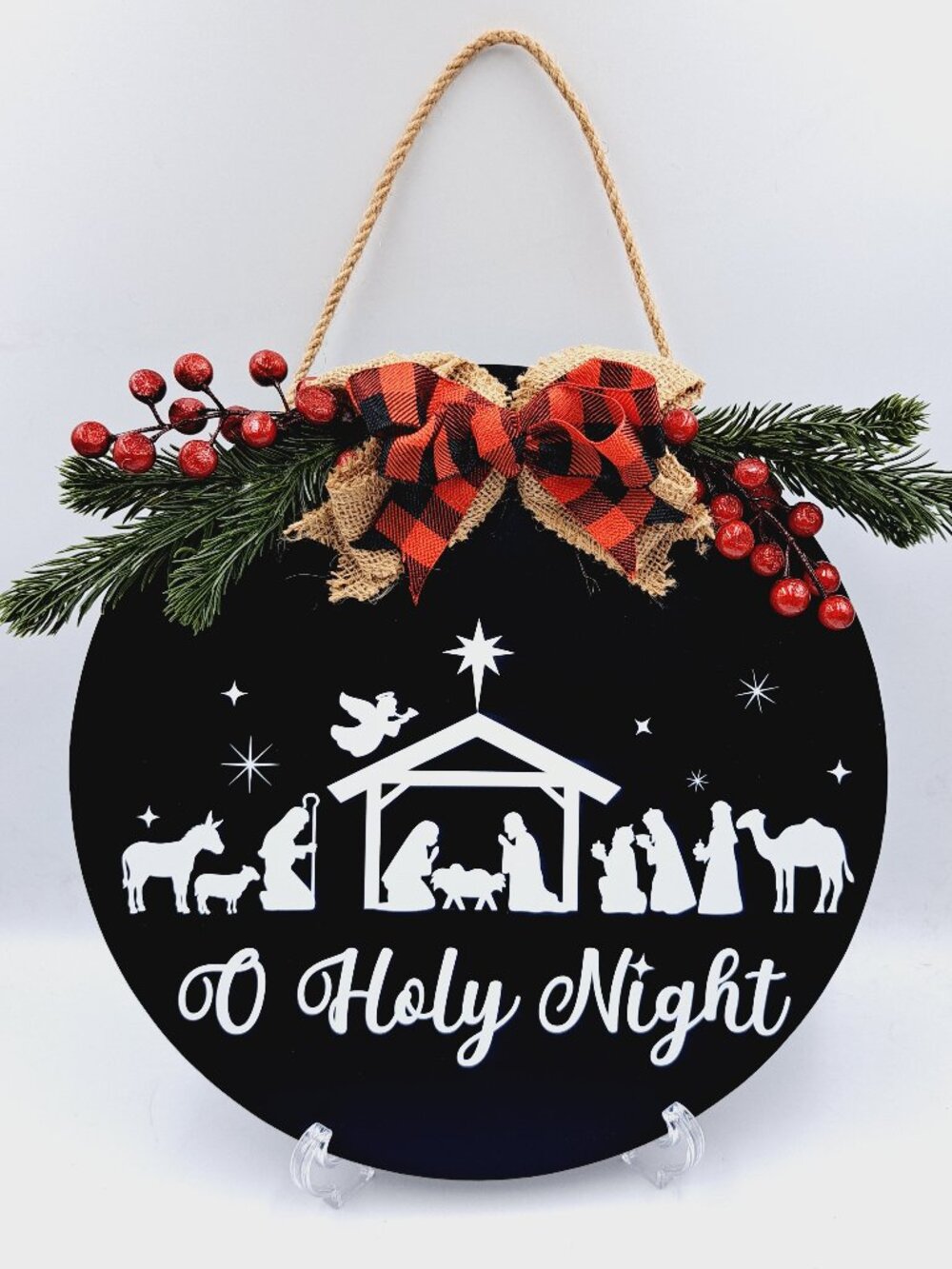 Farmhouse Rustic Christmas Holiday Nativity Door Sign with Wreath O Holy Night